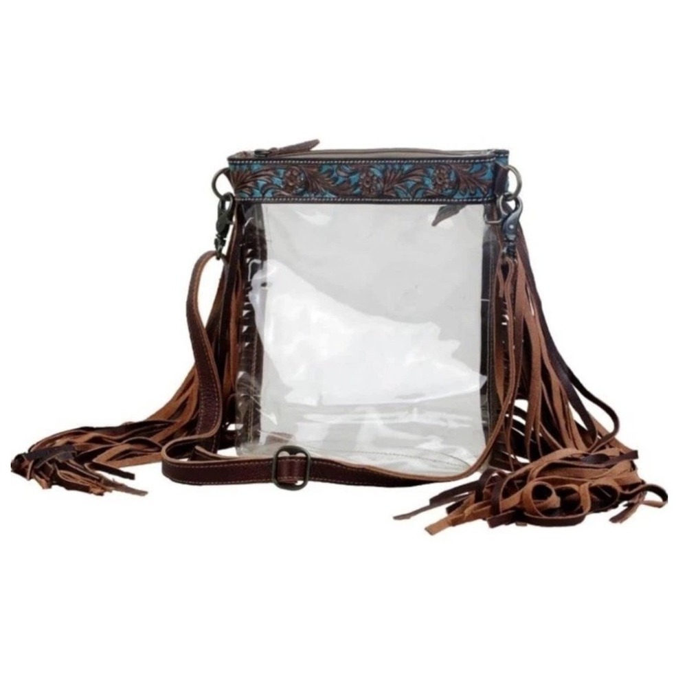 Myra Clear Crossbody Stadium Bag Tooled Leather Turquoise Concert Fringe Boho